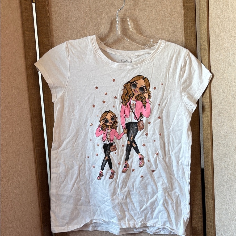 Girls Place White Tee with Pink Graphic Design xl